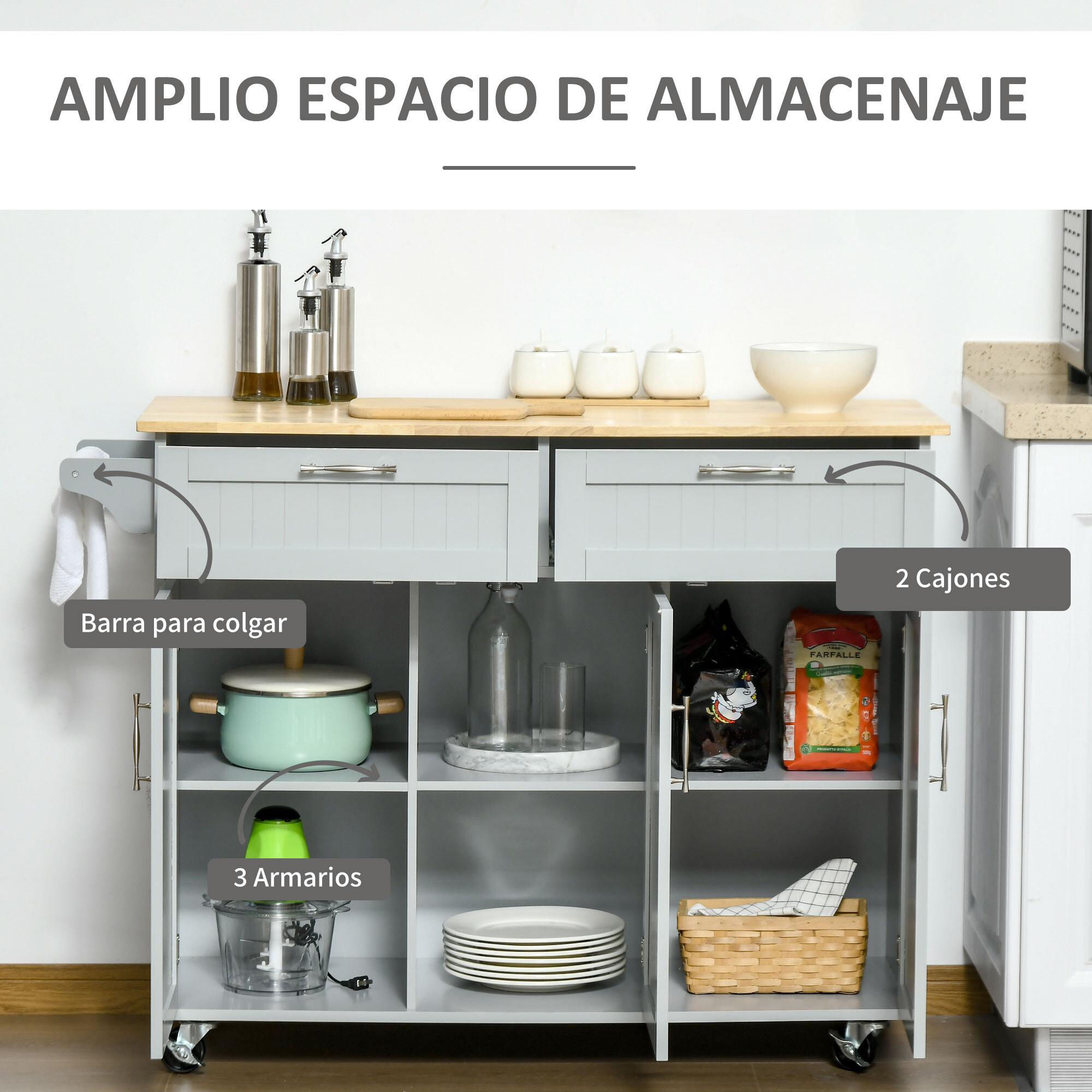 Isla de Cocina Carro de Cocina con Ruedas Carrito de Servicio Multiusos con 2 Cajones 3 Puertas Estantes Ajustables y Barra Colgante para Comedor 121x46x91 cm Gris