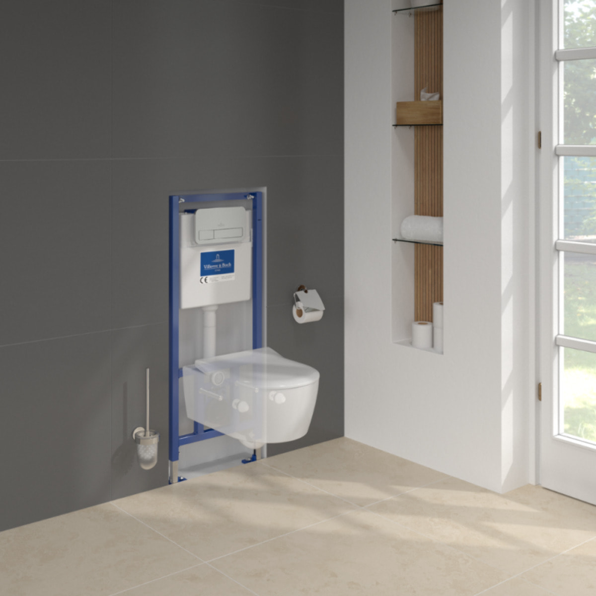 Pack WC suspendu sans bride Avento + Bâti support ViConnect Pro + abattant frein de chute + plaque chromée mat  + Tabouret blanc