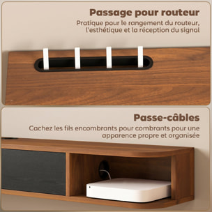 Meuble TV suspendu 140cm - porte, 2 niches, espace routeur, passe-fils - effet bois noyer noir