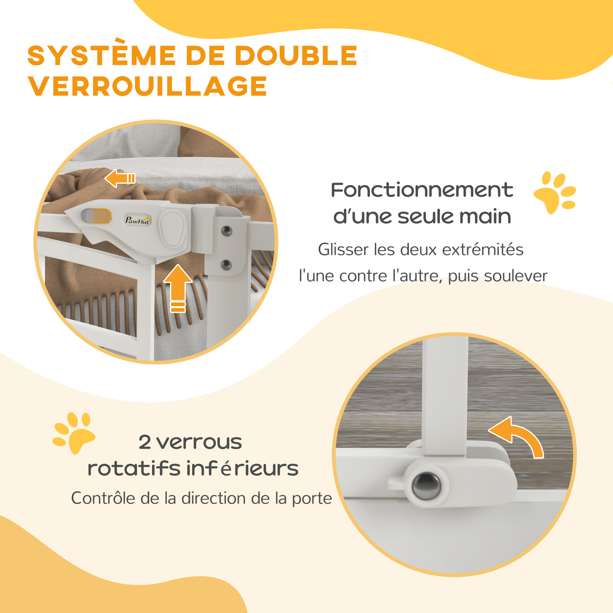 Barrière de sécurité chien, barrière d'escalier à fixation par pression sans percer, porte fermeture automatique, système de double verrouillage, 74 à 80 cm, acier, blanc