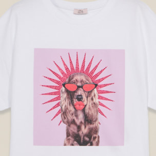 Oltre - Camiseta de punto jersey con estampado y aplicaciones - Blanco