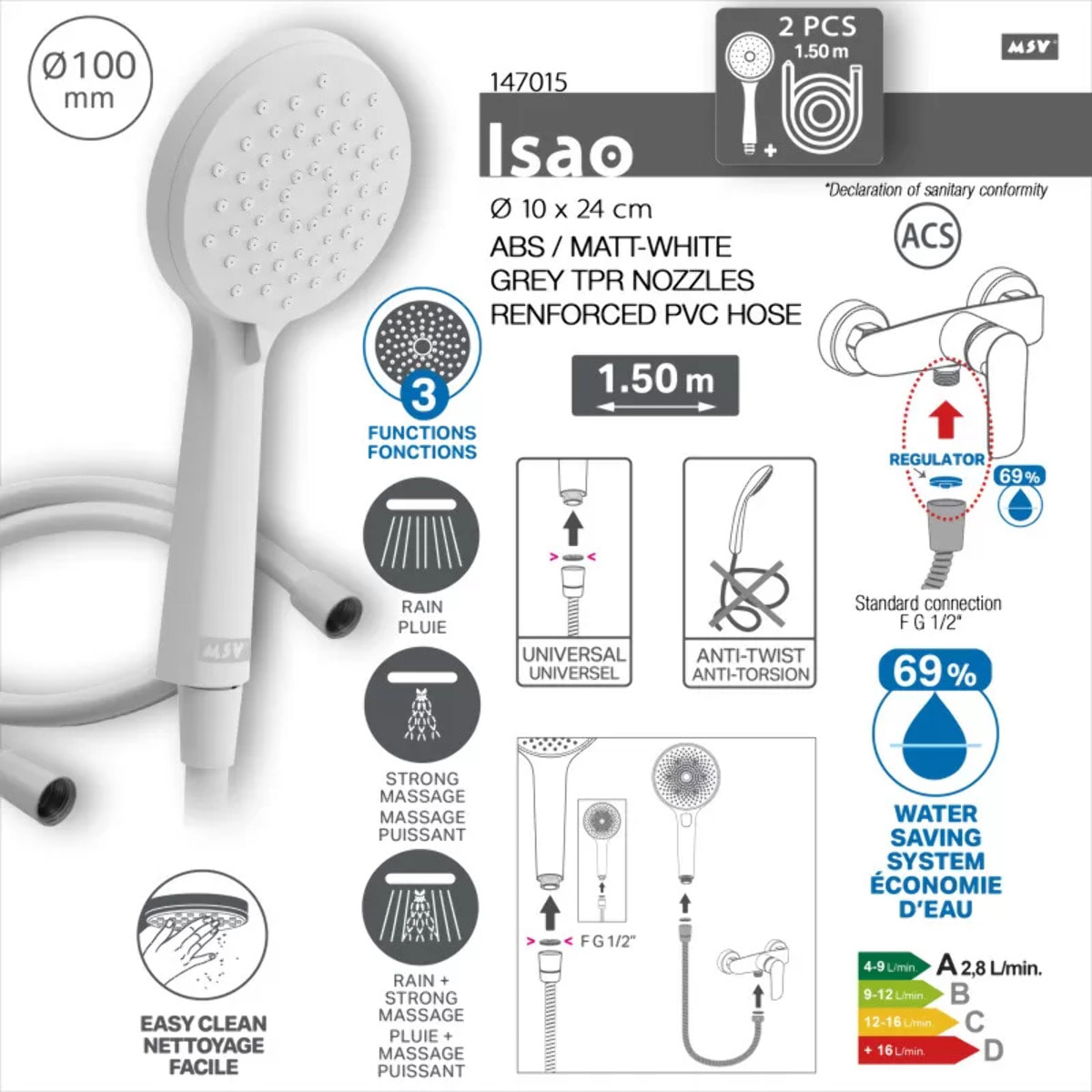 Pommeau de douche MSV Isao Ø 100 mm avec flexible 150 cm – 3 fonctions – Économie d'eau 69 % – Blanc matt
