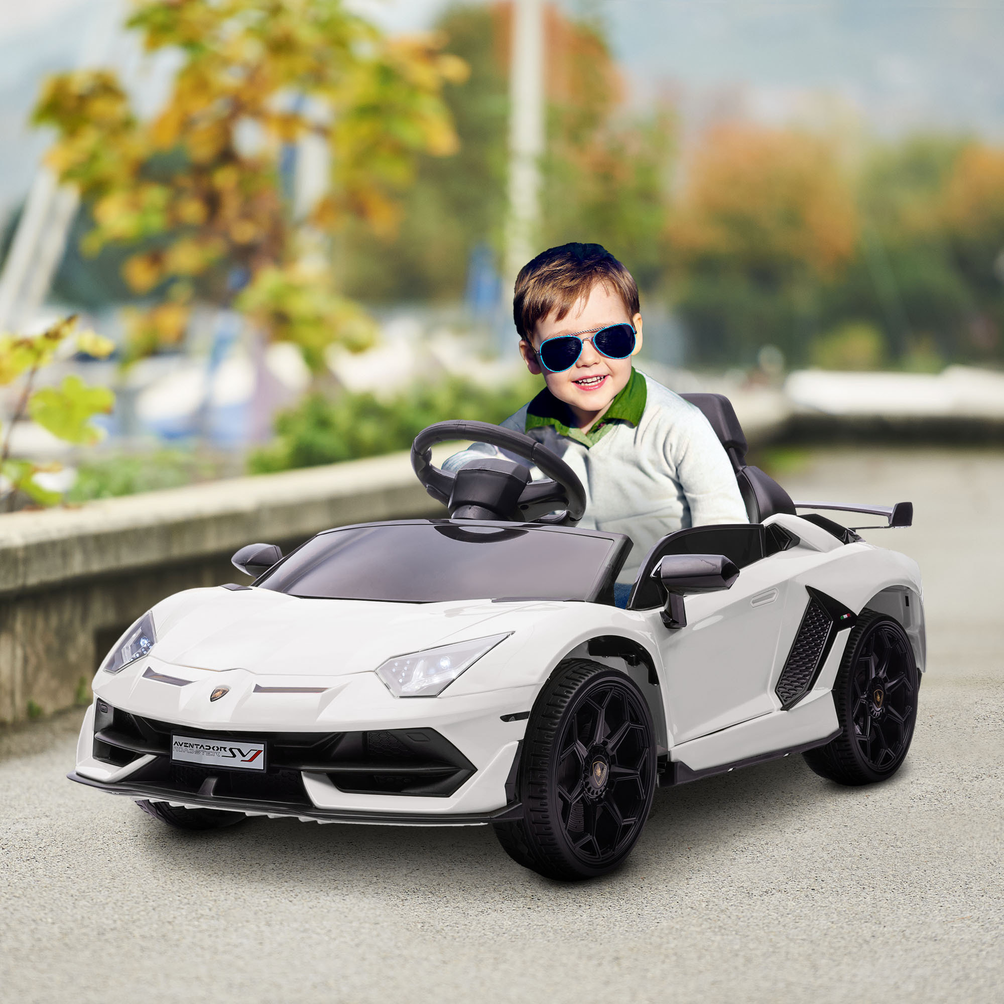 HOMCOM Macchina Elettrica per Bambini a 12V Licenza Lamborghini con Clacson e Telecomando, 107.5x63x42 cm, Bianca