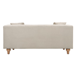 Canapé 2 places capitonné en tissu beige et bois clair MONTAIGNE