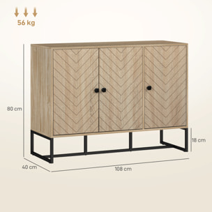 Buffet design motif à chevrons 3 portes 2 étagères dim. 108x40x80cm acier noir effet chêne clair