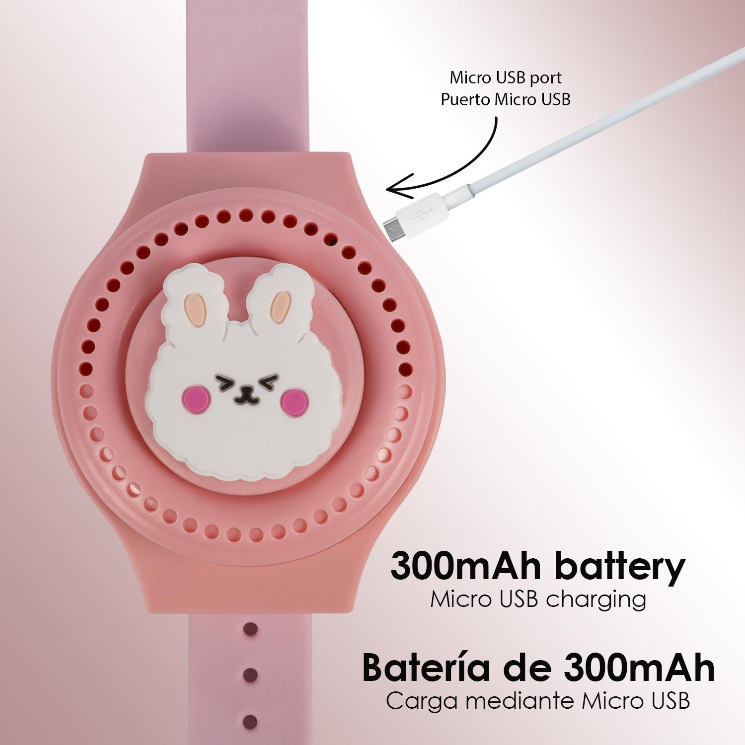 Reloj ventilador portátil con batería de 300mAh. Diseño conejito. 3 velocidades.