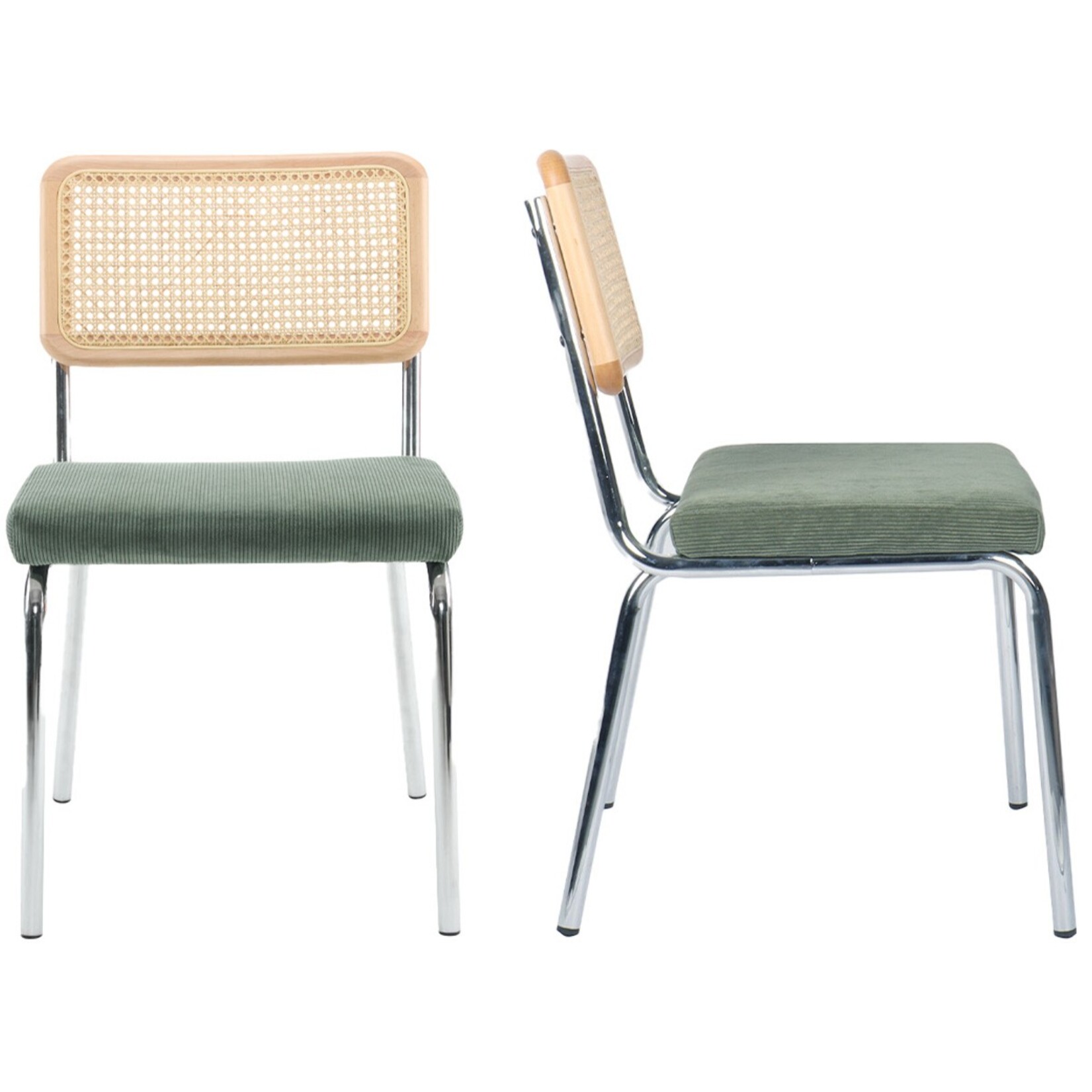 Lot de 2 chaises chromées, cannage et velours côtelé - PAULA