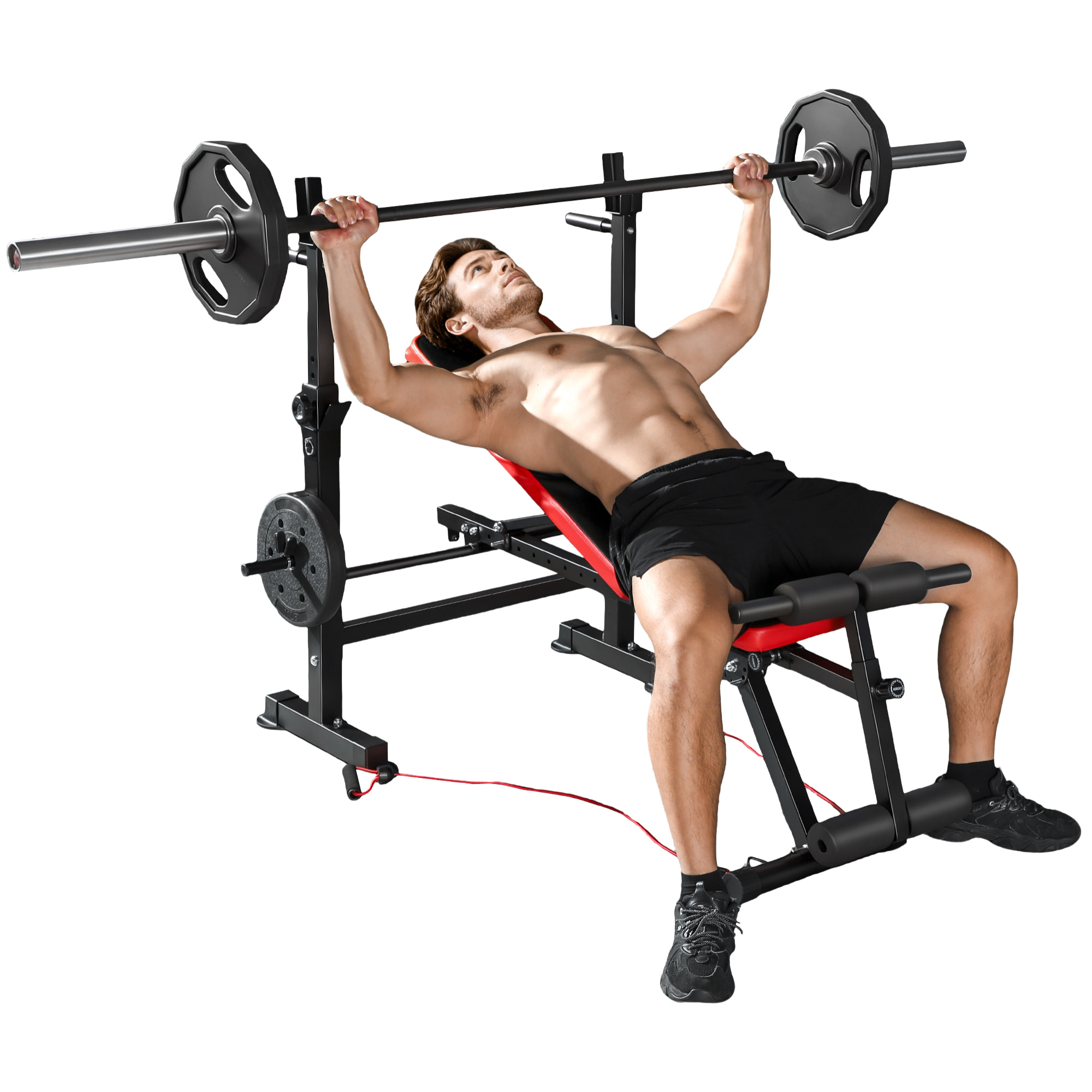 Banco de Musculación Multifuncional, Carga 300 kg, Banco de Pesas Inclinable con Soporte para Barras Ajustable, Asiento y Respaldo Regulable, para Entrenamiento Completo en Casa Gimnasio