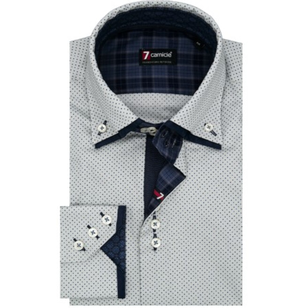 Camicia Uomo 3 Bottoni Button Down Doppio Collo Slim Cotone Stampato Pois Grigio/Blu
