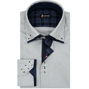 Camicia Uomo 3 Bottoni Button Down Doppio Collo Slim Cotone Stampato Pois Grigio/Blu