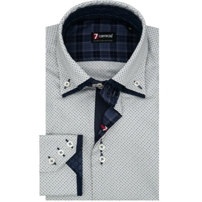 Camicia Uomo 3 Bottoni Button Down Doppio Collo Slim Cotone Stampato Pois Grigio/Blu