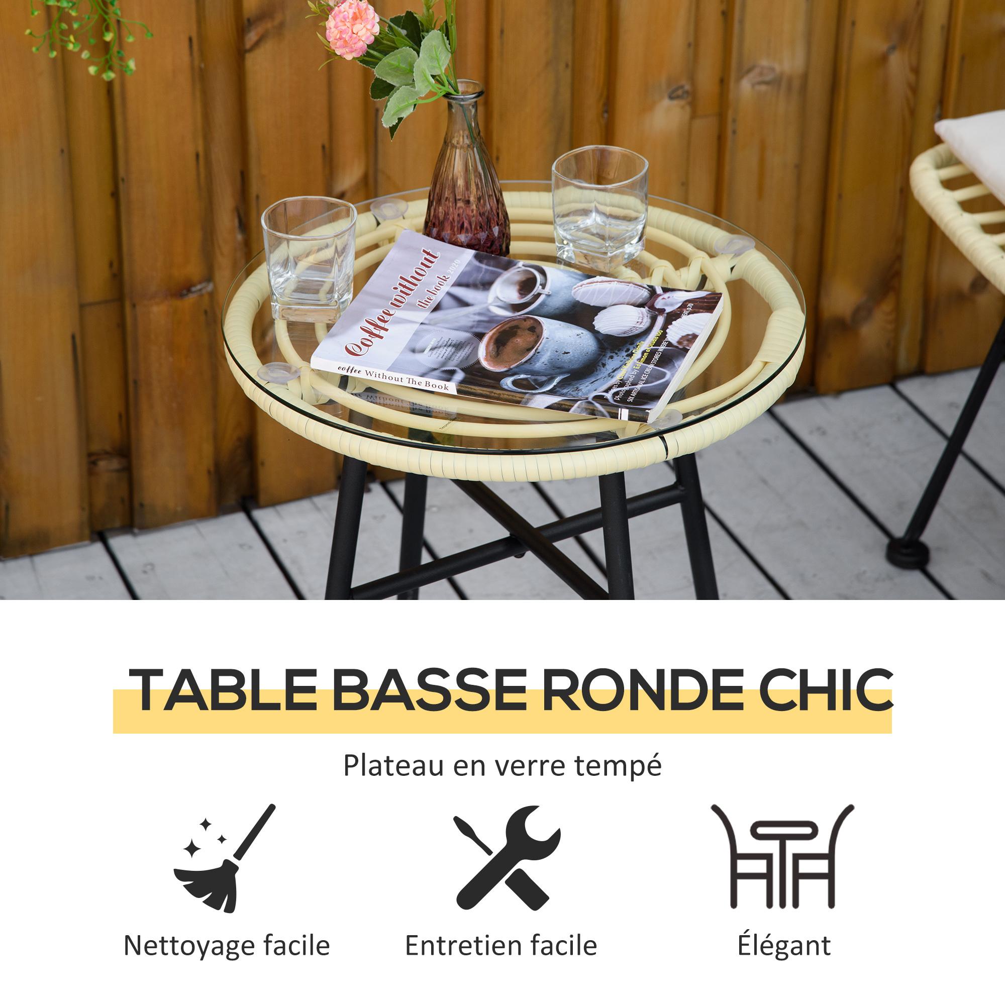 Ensemble bistro de jardin 2 places 3 pièces style exotique 2 chaises + table basse ronde métal époxy noir résine tressée beige