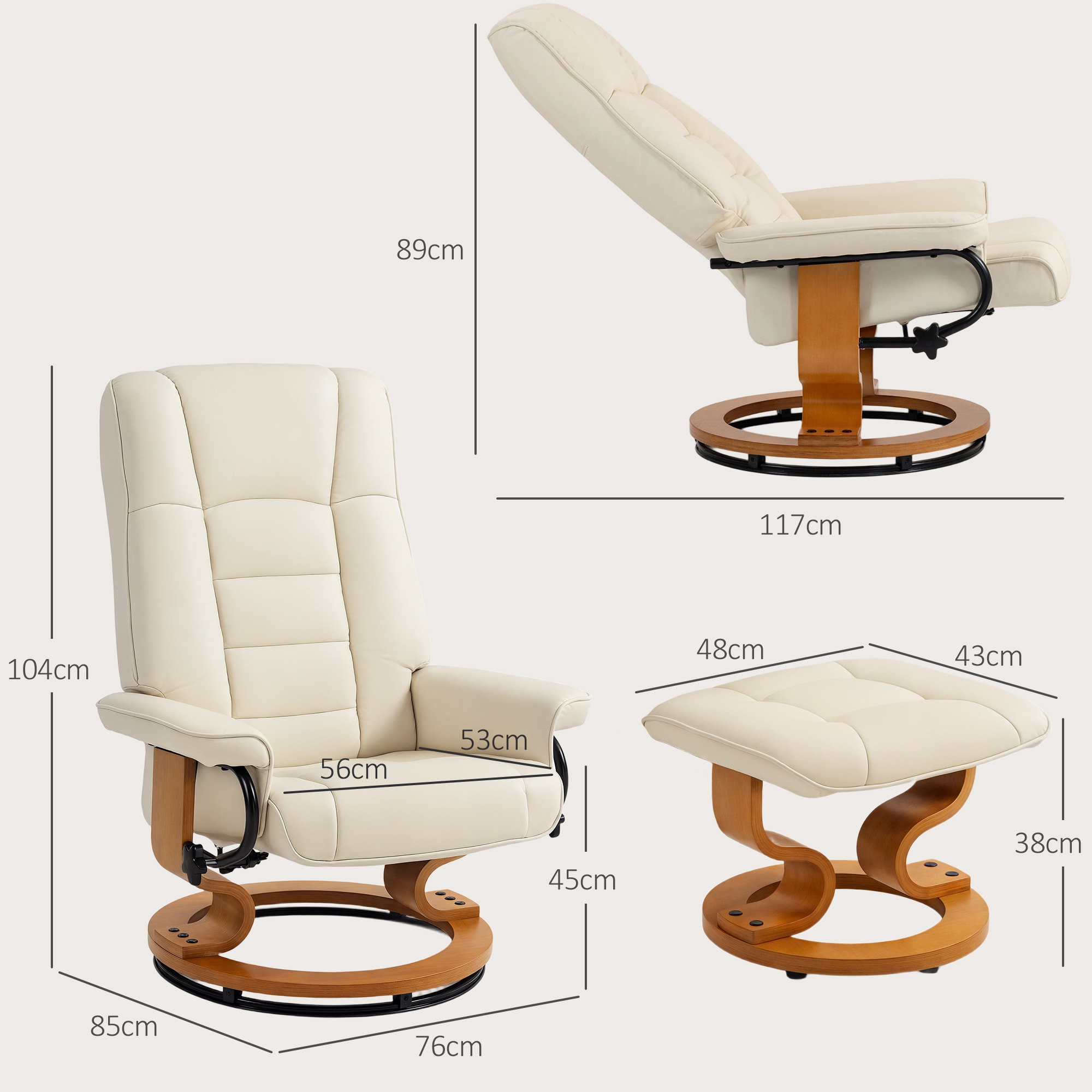Fauteuil relax inclinable pivotant réglable avec repose-pied bois revêtement synthétique crème