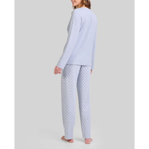 Pijama mujer tejido vigoré, escote en pico con detalle de encaje, cómoda manga larga y pantalón largo estampado de hojas