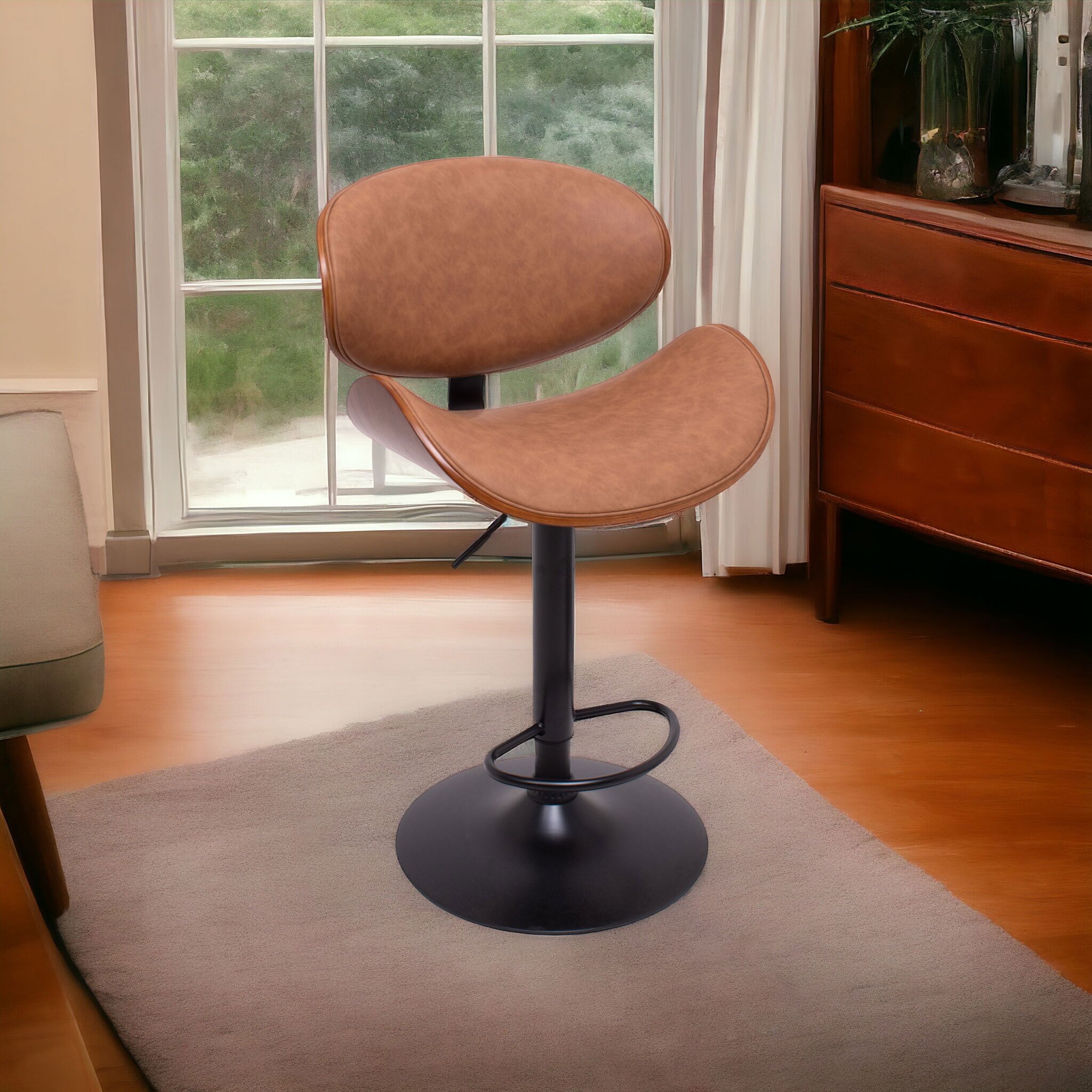 Glasgow - Set 2 Sgabelli Bar imbottiti 52,5x94/115x40 cm in legno Massello e Similpelle Marrone