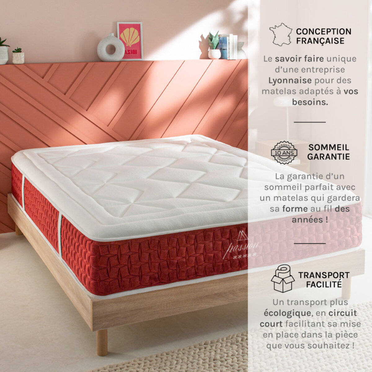 Matelas Hybride Passion, Ressorts Ensachés & Mémoire de Forme, 32 cm, Accueil Moelleux, Soutien Ferme, Garanti 10 ans