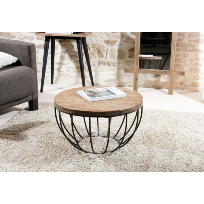 ALIDA - Table basse coque ronde 60x60cm plateau teck recyclé piétement métal noir