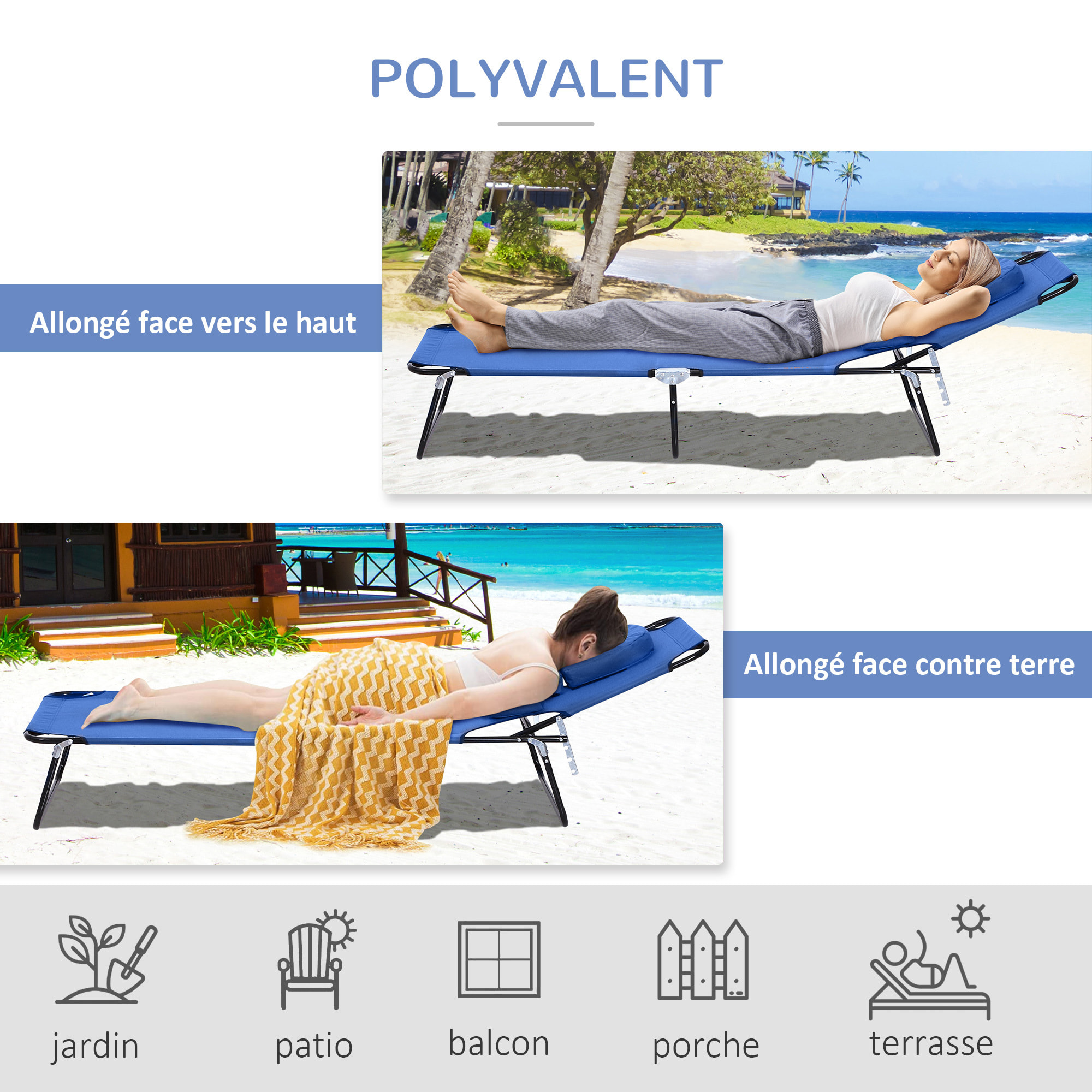 Bain de soleil pliable transat inclinable 4 positions chaise longue de lecture 3 coussins fournis bleu