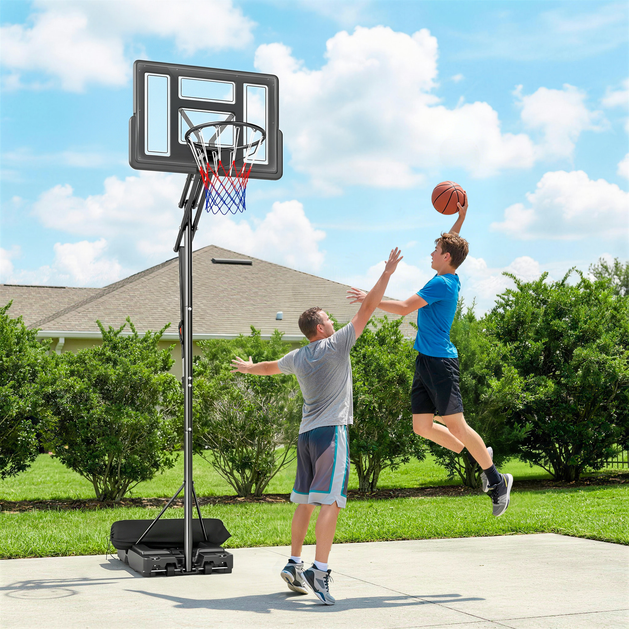 Canasta de Baloncesto para Exterior, Altura Ajustable de 5 Niveles, 235-305 cm, Canasta de Baloncesto Portátil con Ruedas, Base Rellenable y Bolsa de Peso, para Adultos y Adolescentes