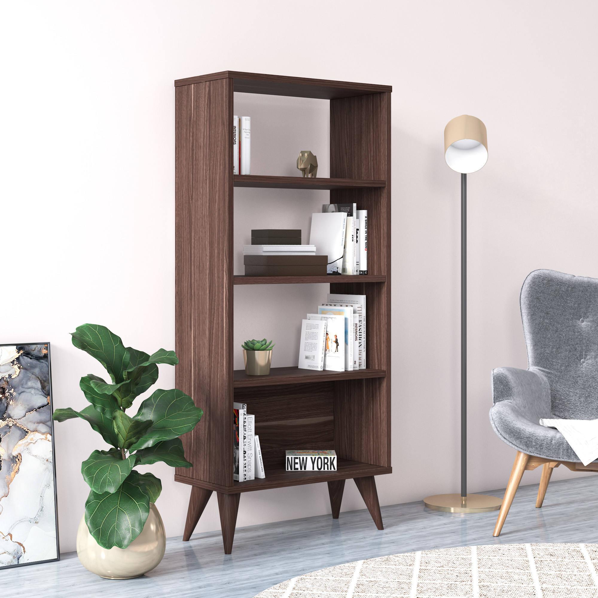 Libreria verticale con quattro scomparti, cm 54 x 25 x 121, colore noce