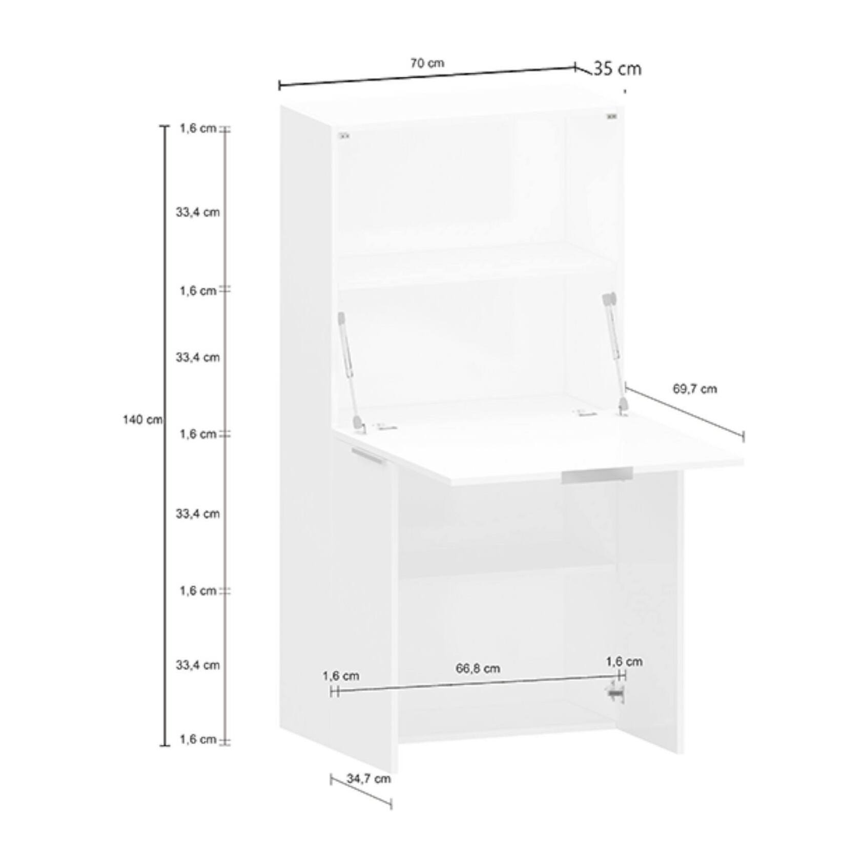 Scrivania ad angolo con piano nascosto, Made in Italy, Mobile con scaffali e piano da lavoro, Armadio salvaspazio, cm 70x57h140, colore Bianco lucido