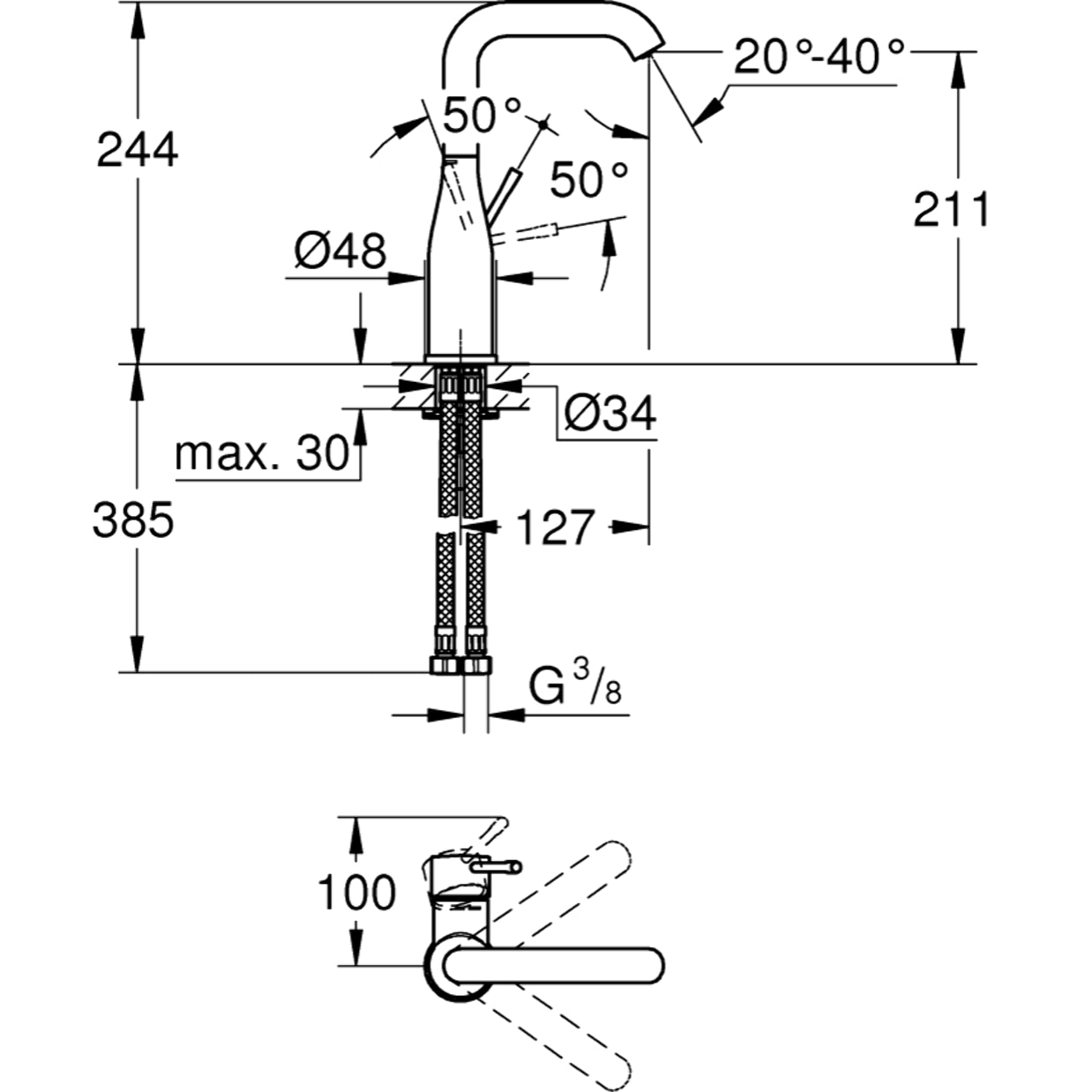 Mitigeur monocommande Lavabo Essence, Taille L, chromé