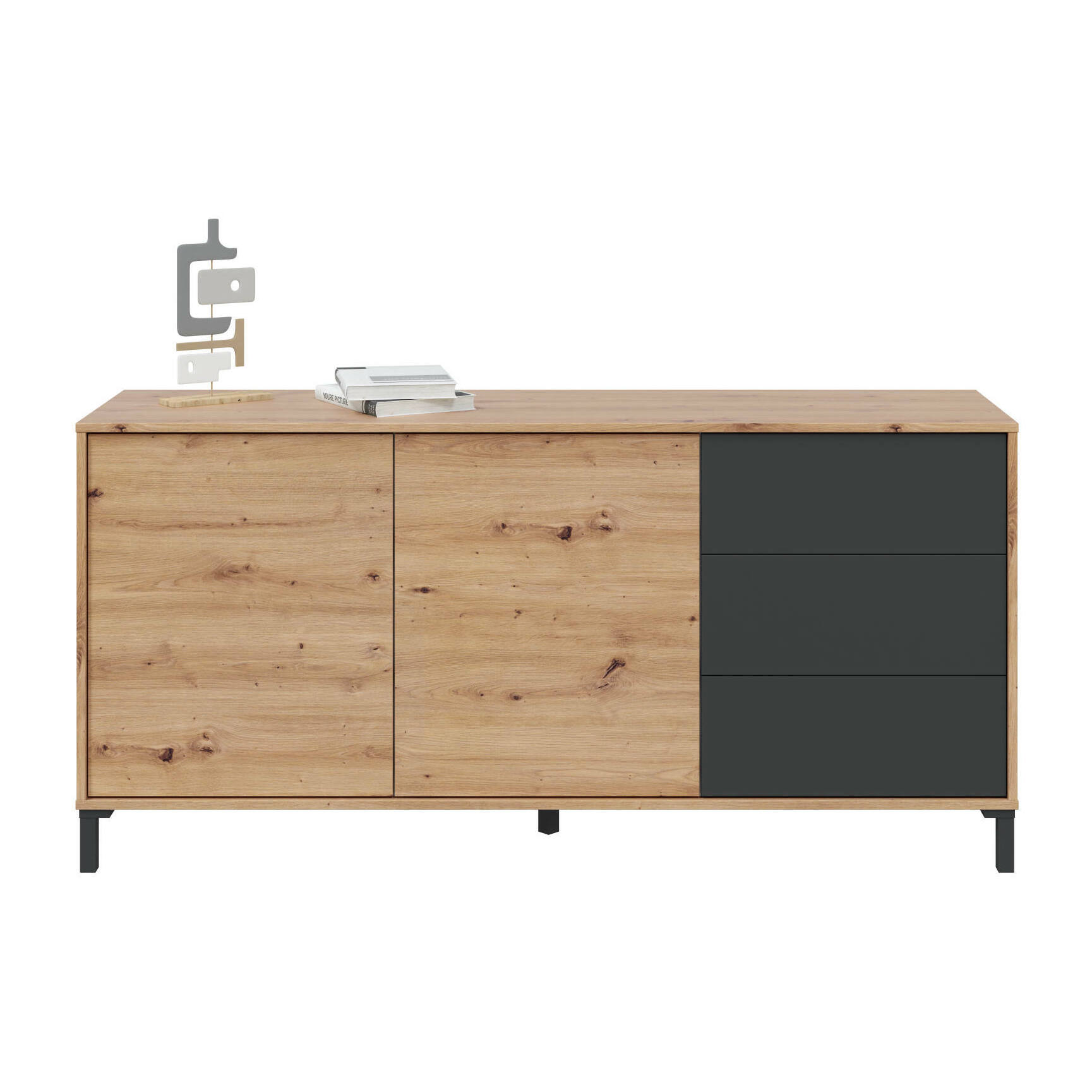 Credenza Concord, Madia moderna a 2 ante e 3 cassetti, Buffet da soggiorno, Mobile porta TV, Madia per salotto, cm 154x41h74, Rovere nodi e Antracite