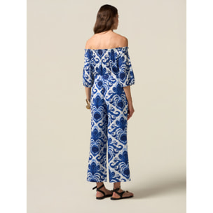 Oltre - Pantaloni palazzo in cotone fantasia - Blu