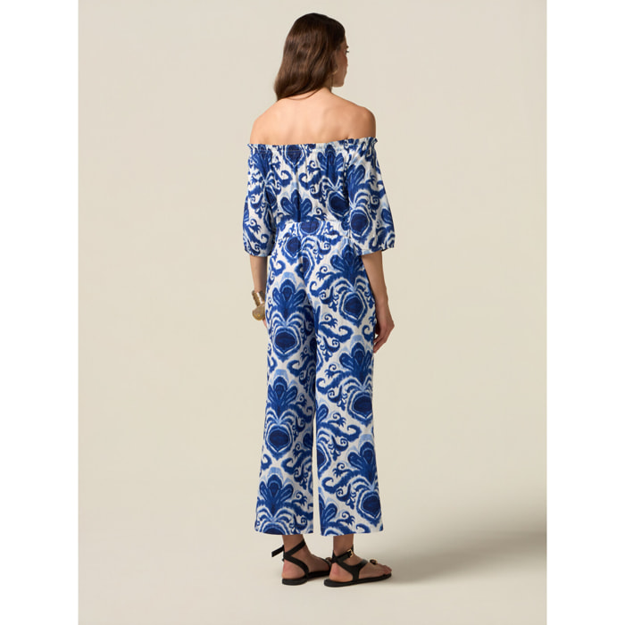 Oltre - Pantaloni palazzo in cotone fantasia - Blu