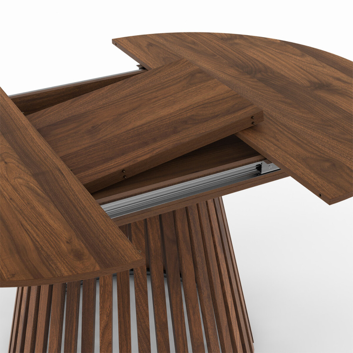 Table à manger ronde extensible Camélia effet noyer et pied lattes Ø110-150cm