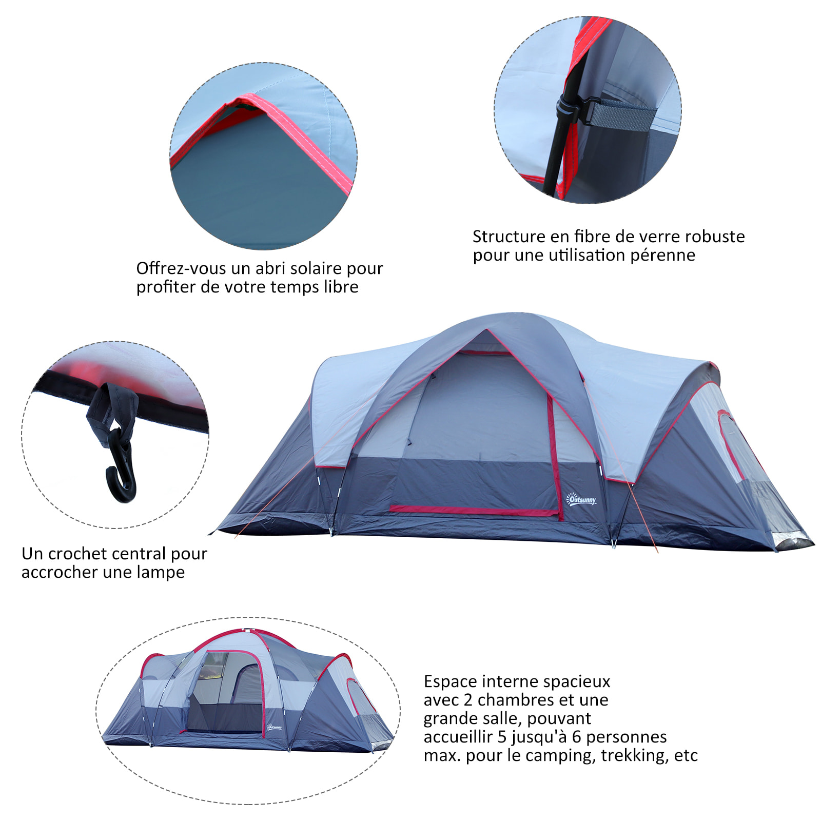 Tente de camping familiale 5-6 pers. - grande porte + 3 fenêtres - fibre verre polyester oxford gris rouge