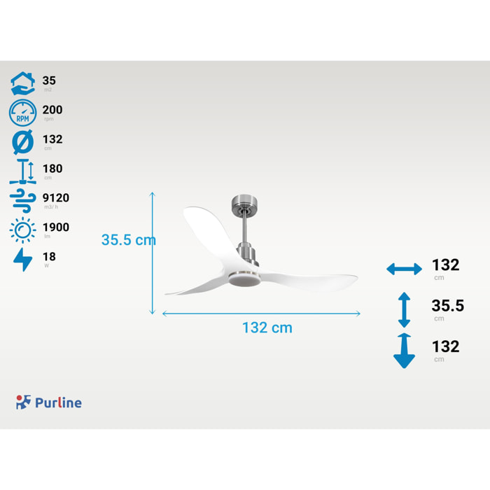 Ventilateur de plafond Réversible  Thermostat Dimmable Wifi Moteur à courant continu Toits en pente Télécommande Lumière à trois tons Hypersilence Mémoire