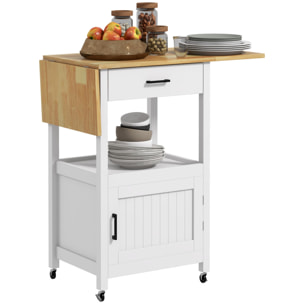 Desserte de cuisine extensible sur roulettes - porte, niche, tiroir - rallonges bois hévéa verni MDF blanc