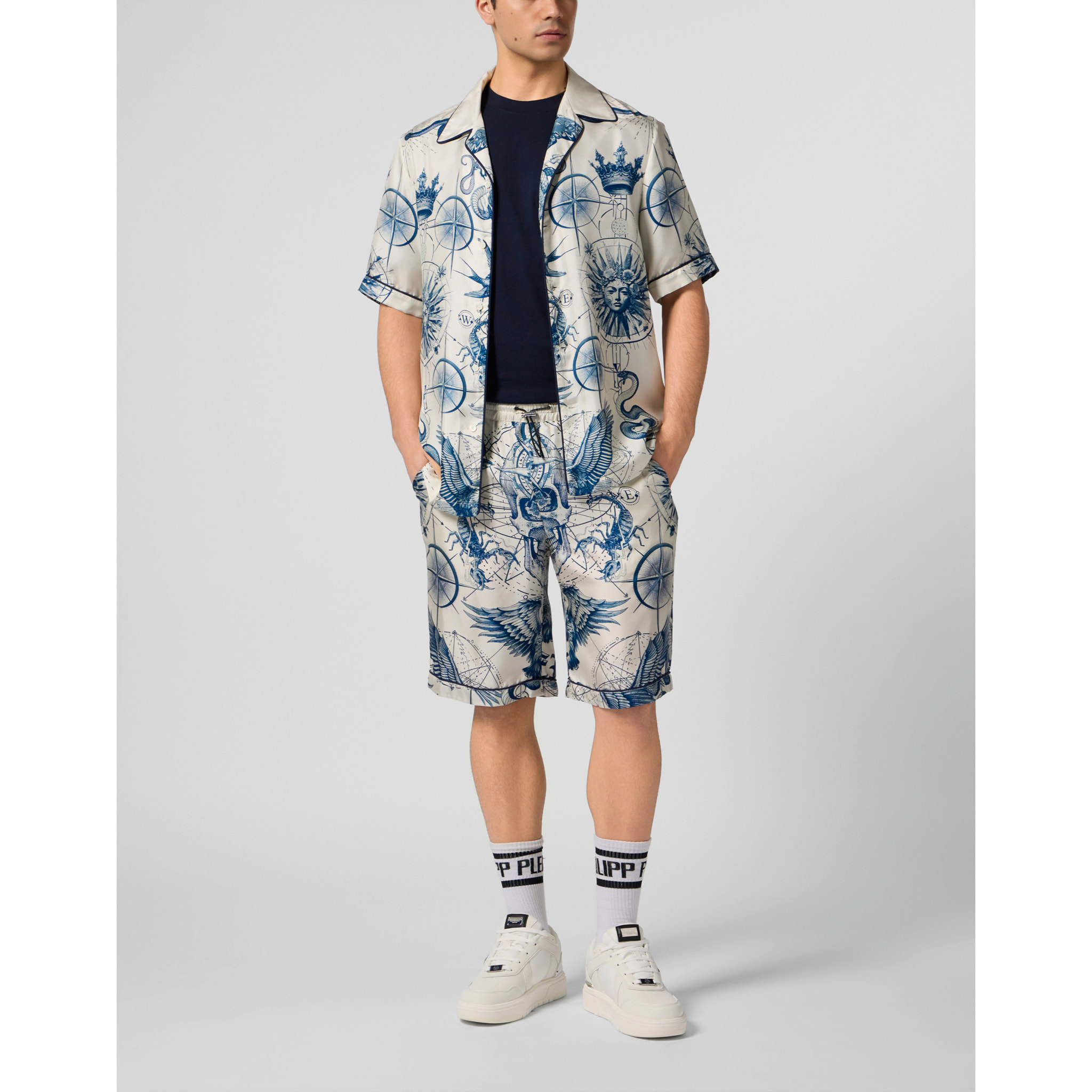 PHILIPP PLEIN Silk Bowling Shorts All-Over Tattoo