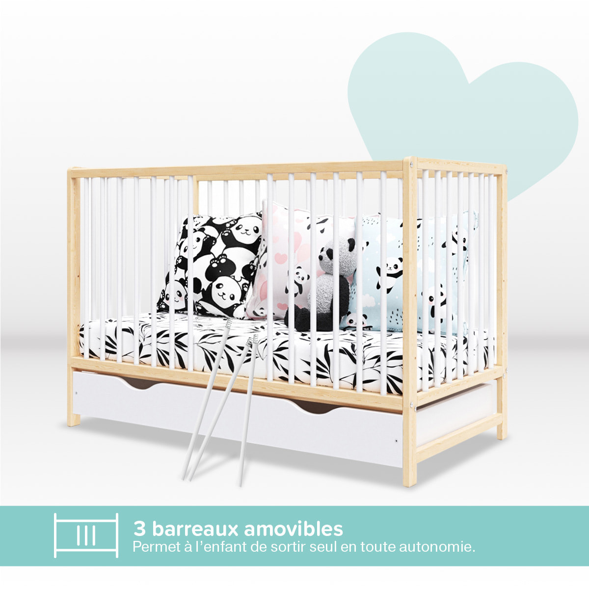 Lit Bébé Évolutif Mathis 60x120 cm, Couleur Bois Naturel & Blanc, Sommier Réglable 3 Hauteurs, Barreaux Amovibles, Lit Bébé Bois Massif