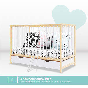 Lit Bébé Évolutif Mathis 60x120 cm, Couleur Bois Naturel & Blanc, Sommier Réglable 3 Hauteurs, Barreaux Amovibles, Lit Bébé Bois Massif