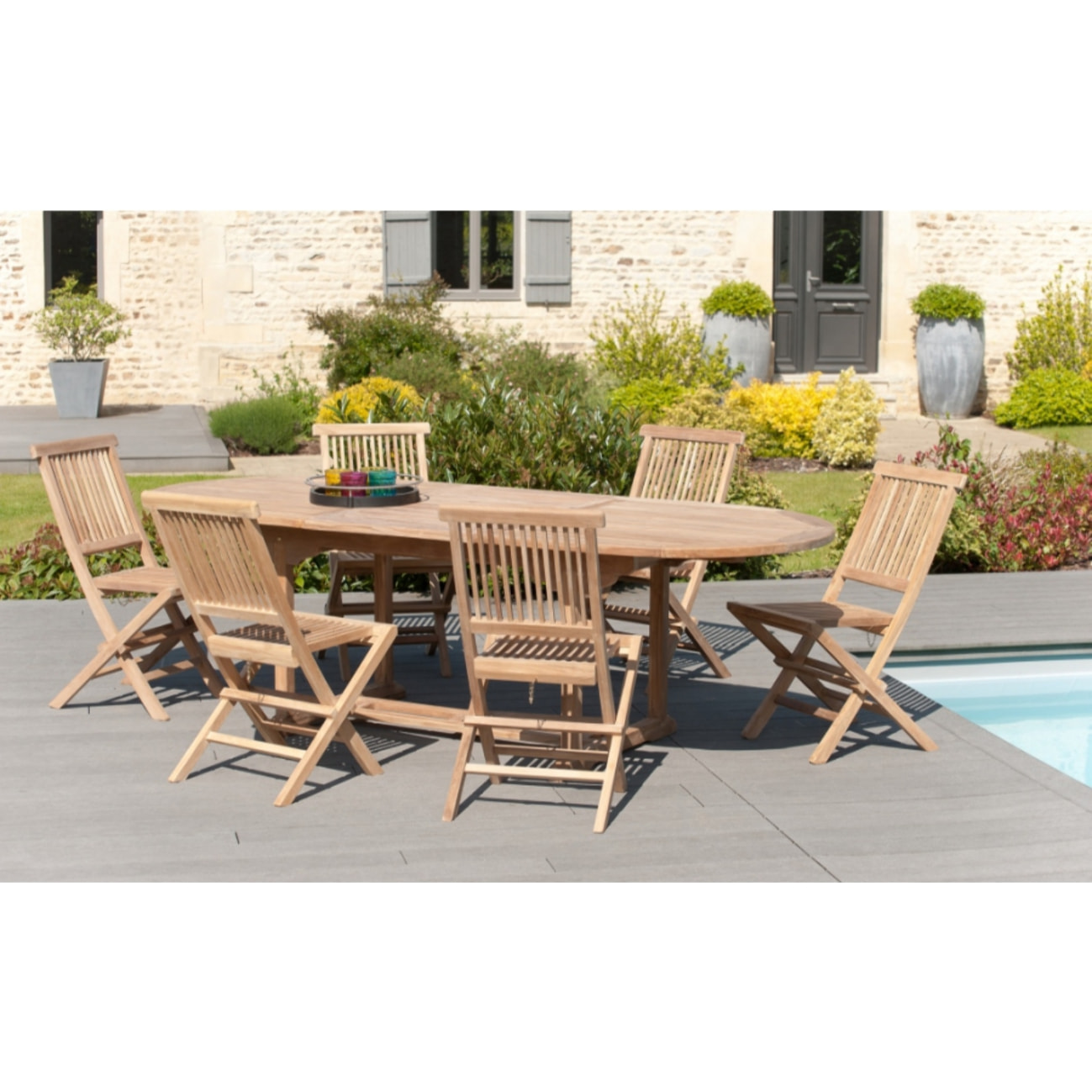 HARRIS - SALON DE JARDIN EN BOIS TECK 8/10 pers : Ensemble de jardin - 1 Table ovale extensible 180*240/100 cm et 6 chaises