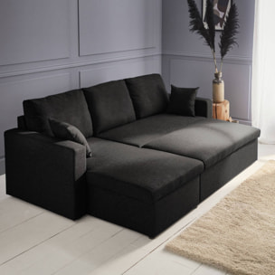 Canapé d'angle convertible en tissu noir - IDA - 3 places. fauteuil d'angle réversible coffre rangement lit modulable