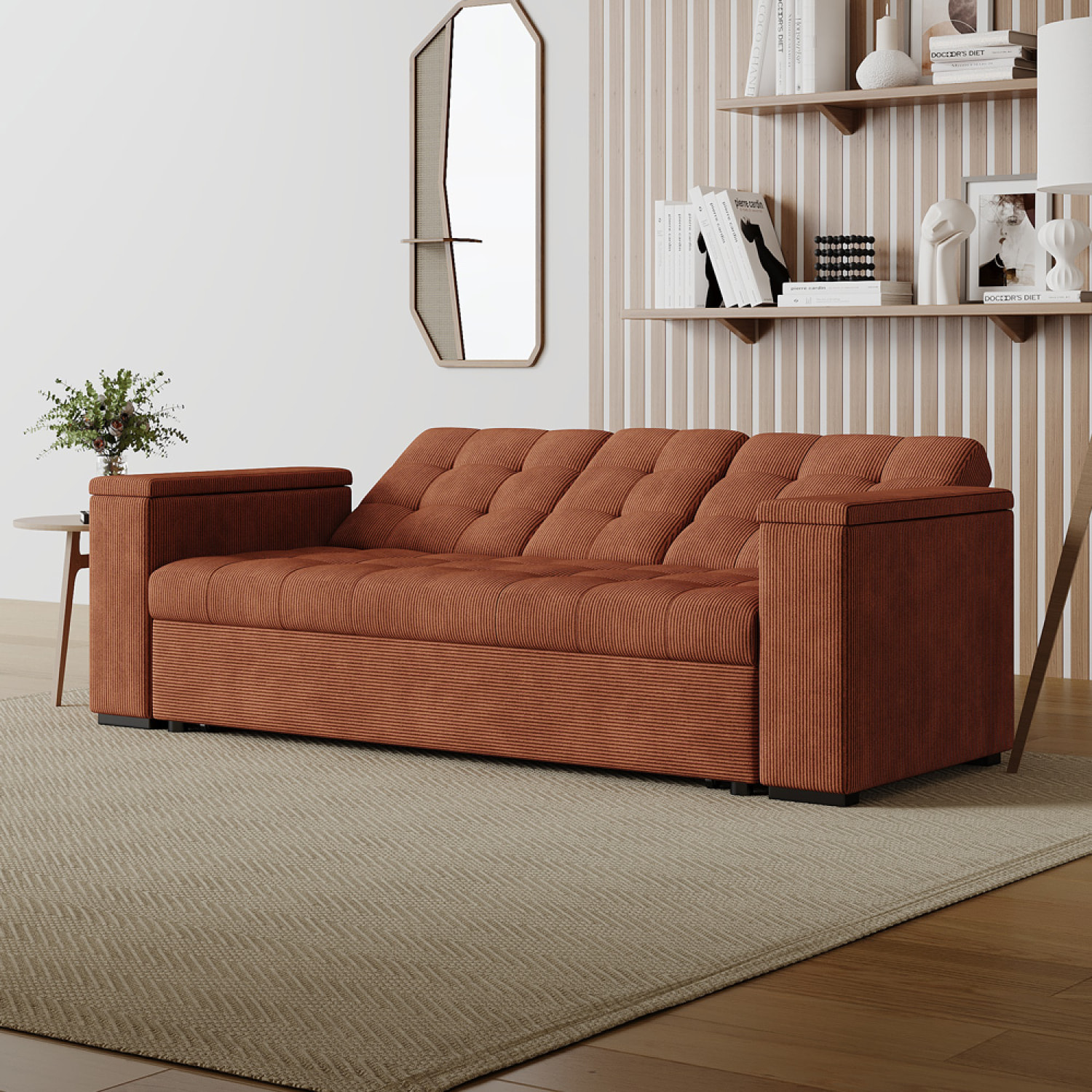 Canapé 3 places convertible avec tablette centrale et accoudoirs amovibles terracotta velours côtelé TILIA