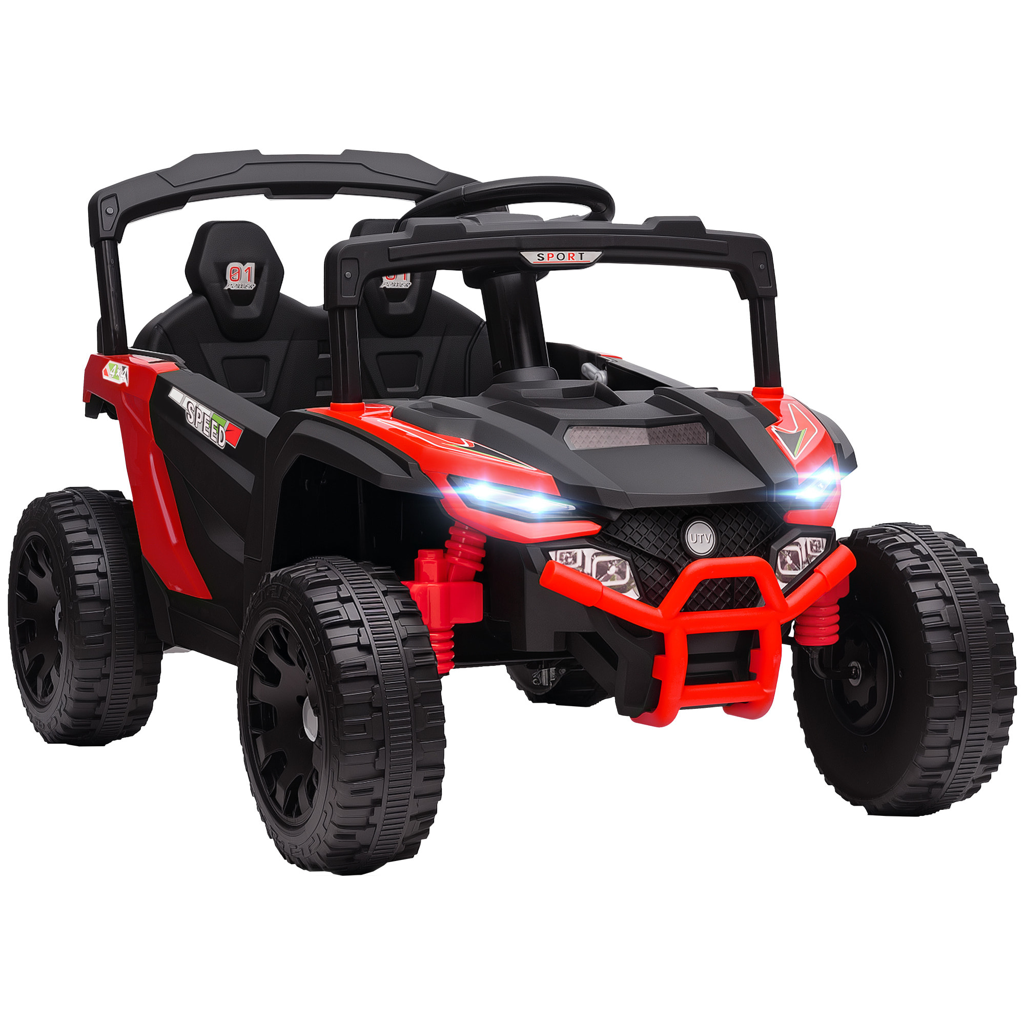 Coche Eléctrico para Niños 12V, Coche de Batería UTV con 2 Motores, Control Remoto 2,4G, 3-5 km/h, Suspensión Trasera, Faros, Música, para Niños de 3-5 Años, Rojo