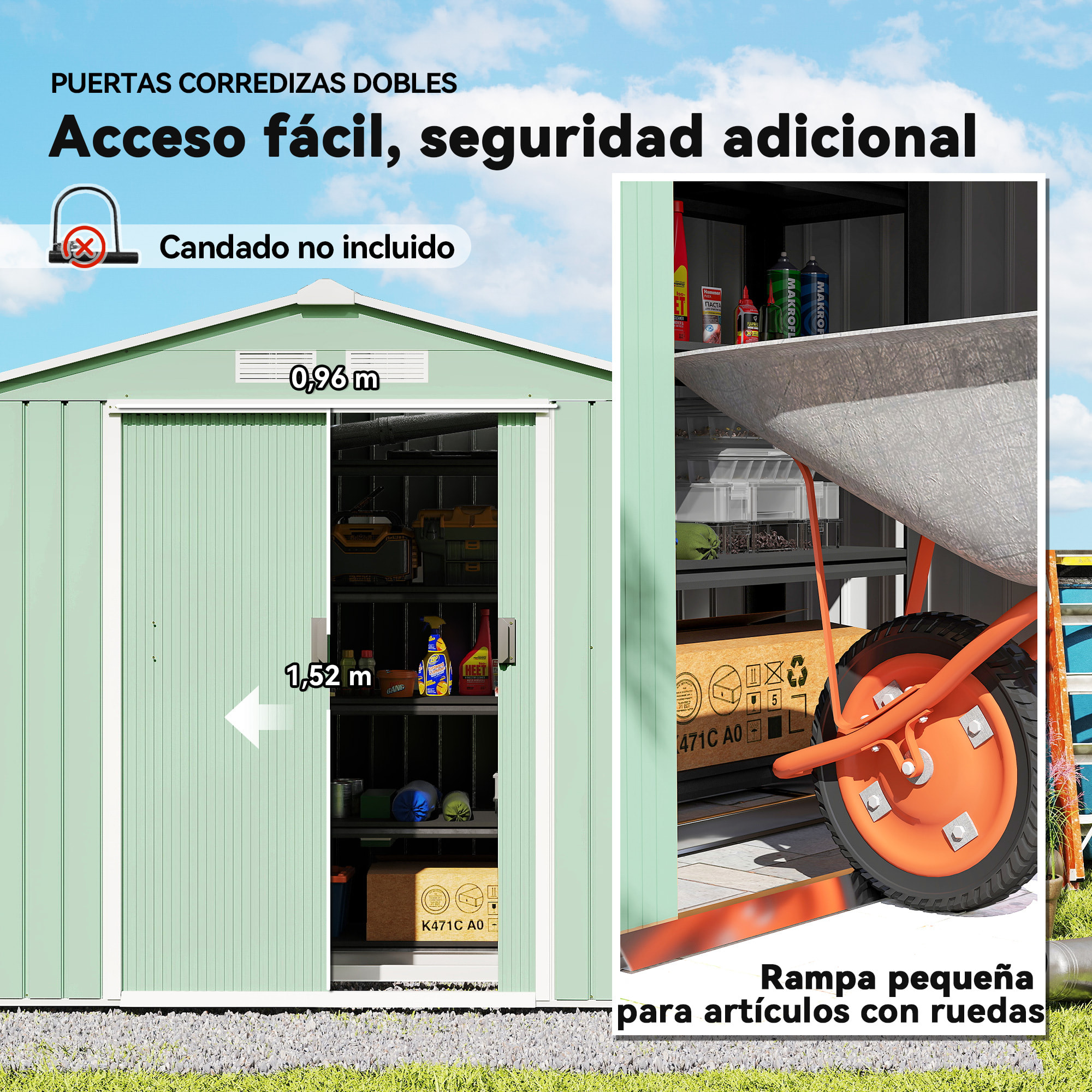 Caseta de Jardín Exterior, 2,5 m² 213x130x185 cm, Cobertizo de Jardín Exterior Metálico con 2 Puertas Correderas, Base Refuerzo (Suelo NO Incluido) y 4 Ventanas Verde Claro