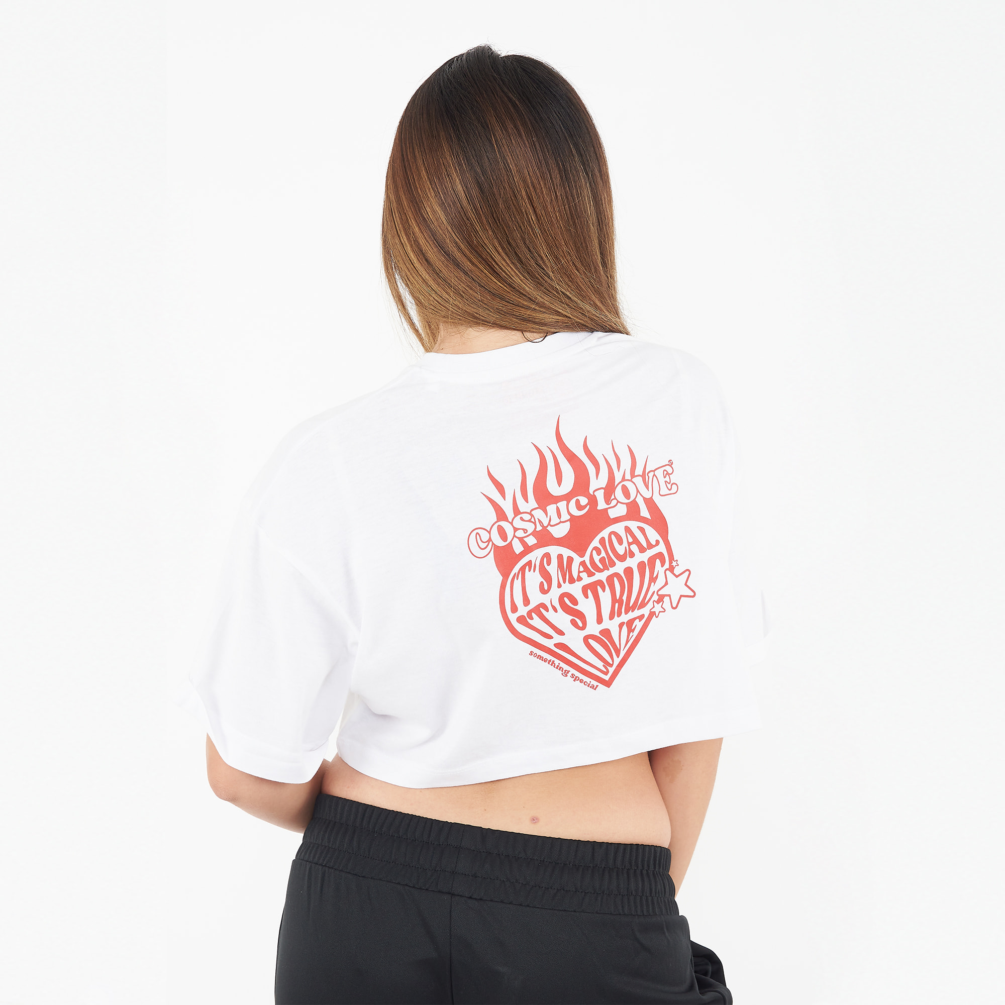 T-shirt crop top da donna COSMIC LOVE bianca