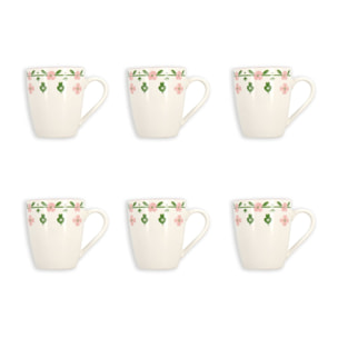 Lot de 6 mugs 36cl en porcelaine blanc et rose floral PRIMAVERA