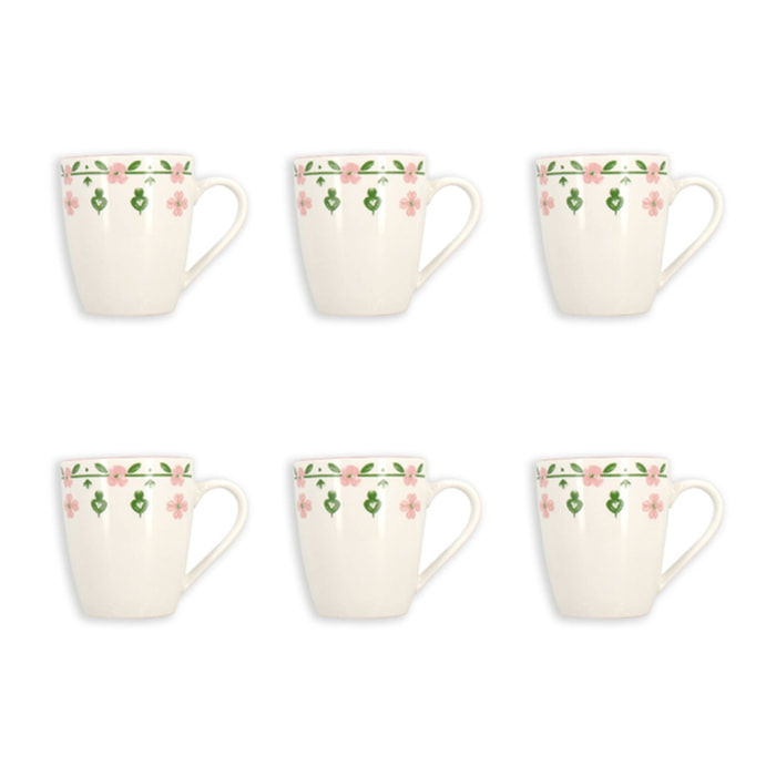Lot de 6 mugs 36cl en porcelaine blanc et rose floral PRIMAVERA