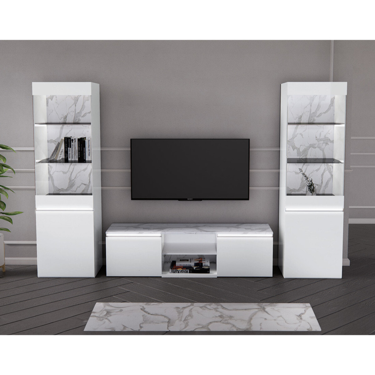 Amaury - meuble tv - blanc - plateau effet marbre - 160cm - Blanc