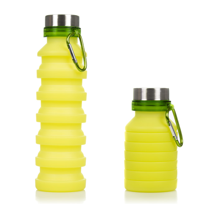 Bottiglia sportiva pieghevole in silicone. 470 a 550ml, senza BPA, tappo a vite in acciaio inossidabile.