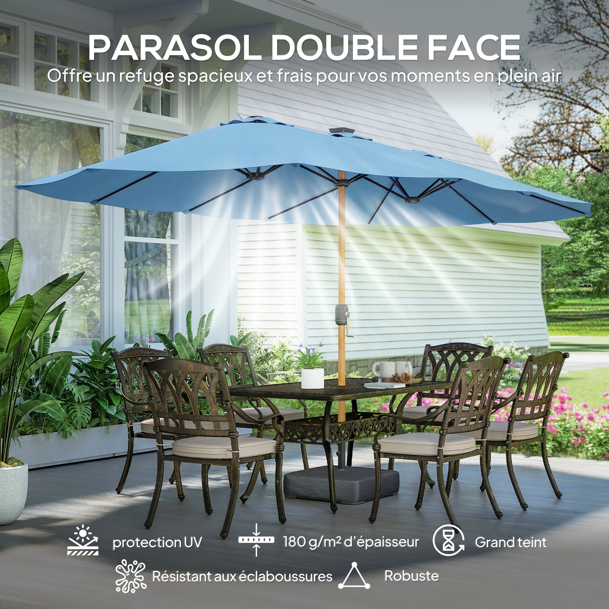 Parasol de jardin double XXL mât métal effet bois manivelle pied à lester inclus