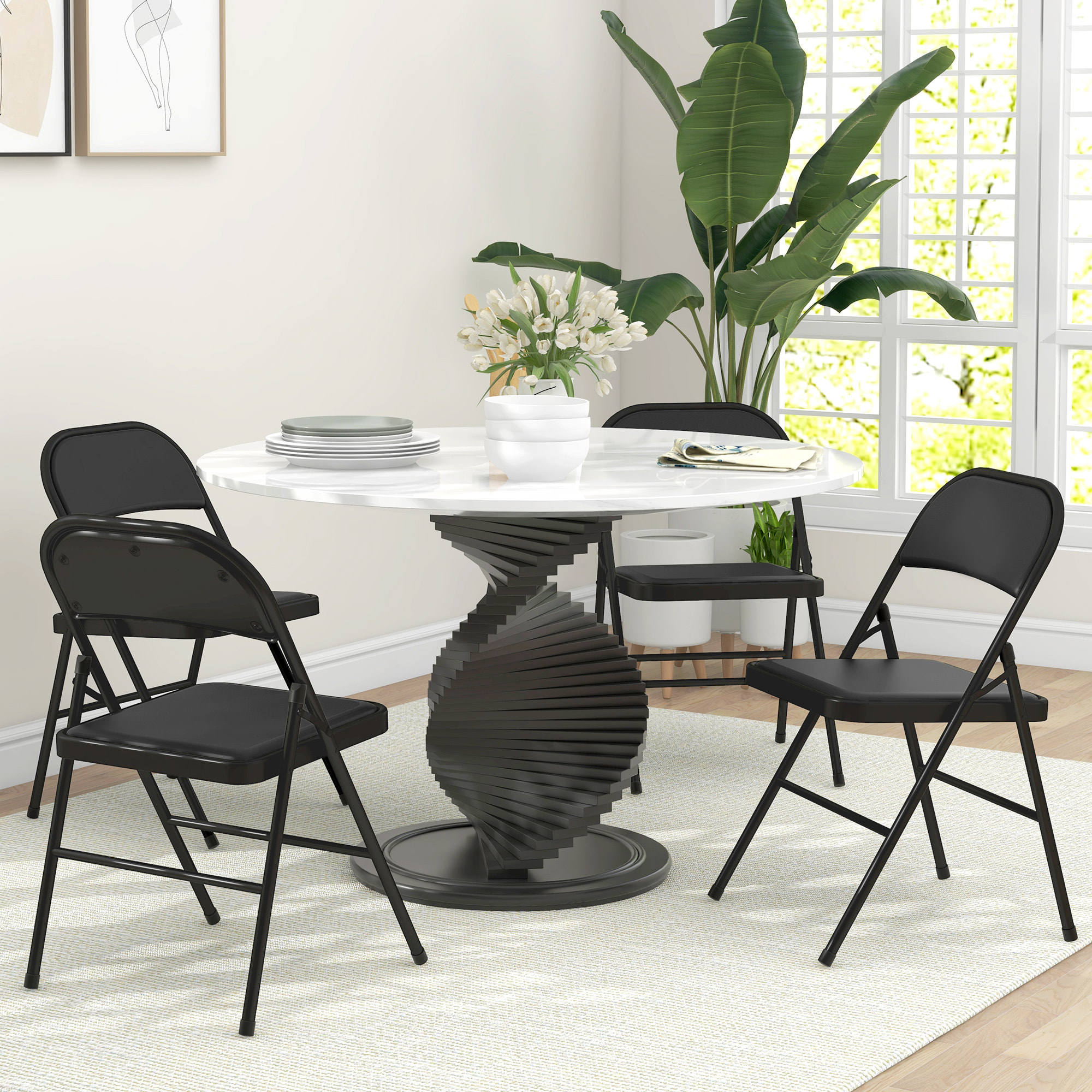 Juego de 4 Sillas Plegables Acolchadas con Respaldo y Estructura de Acero, para Salón, Comedor, Cocina, 45x46x78 cm, Negro
