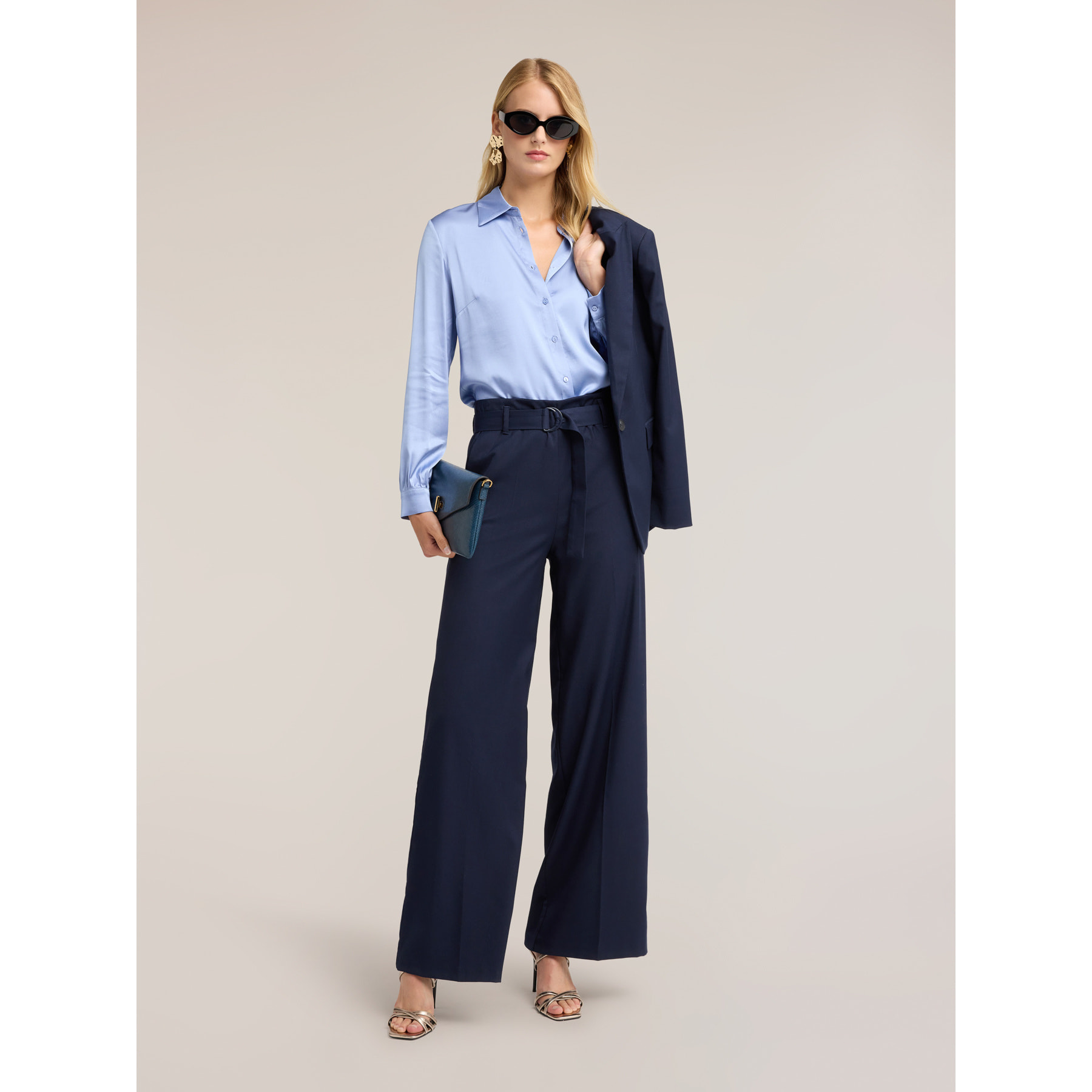 Motivi - Pantalones palazzo en cady con cinturón - Azul