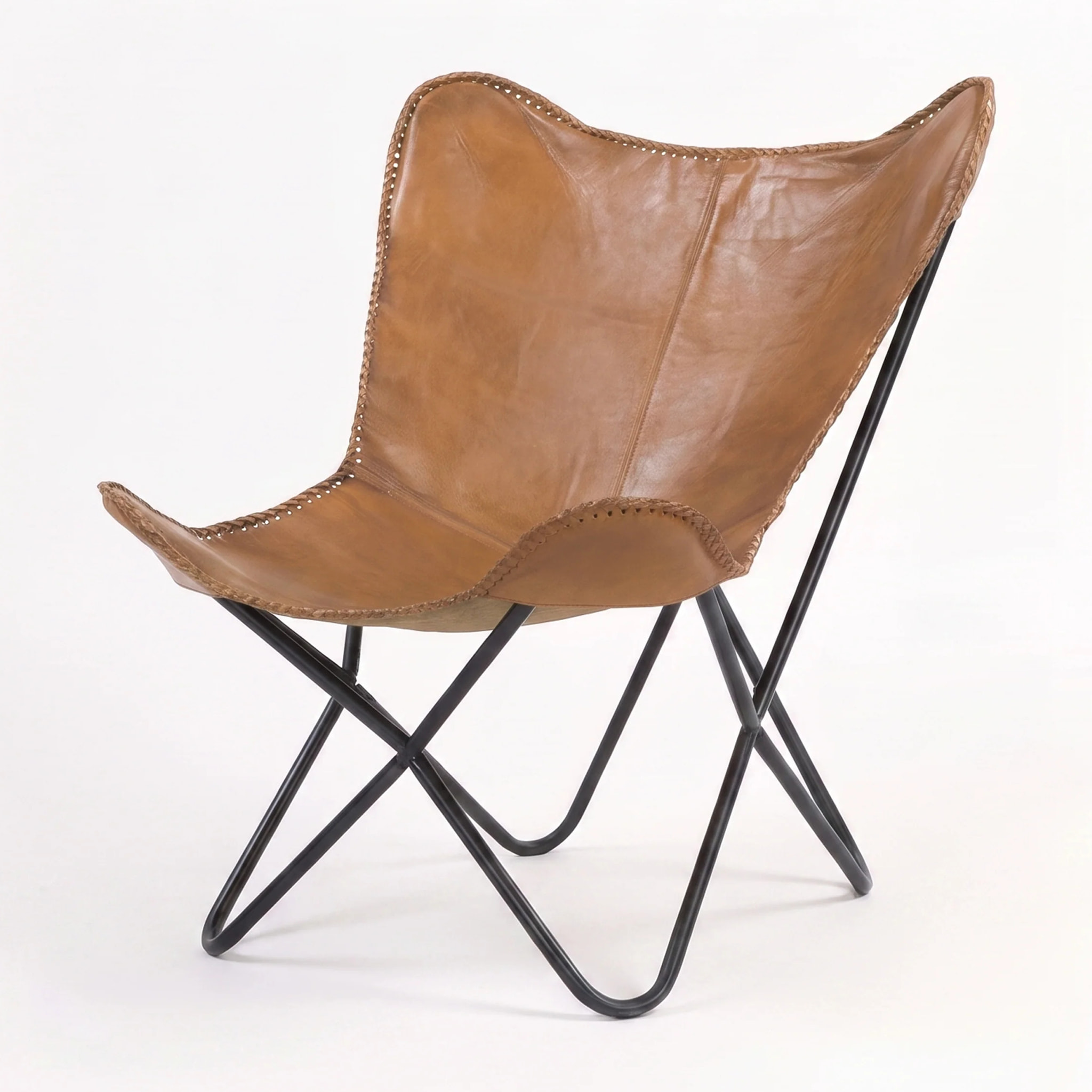 Fauteuil papillon en cuir de buffle marron - Octave